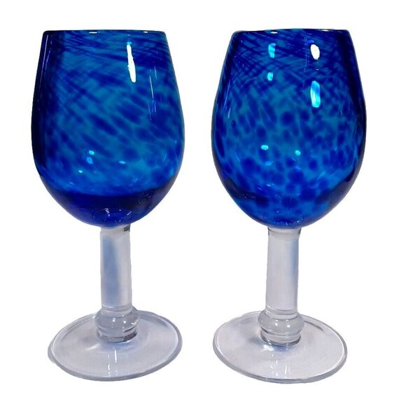 Handmade Other - Handblown Thick  Art Glass Cobalt Blue Confetti Wine Water Goblets Set of 2 8.5"
